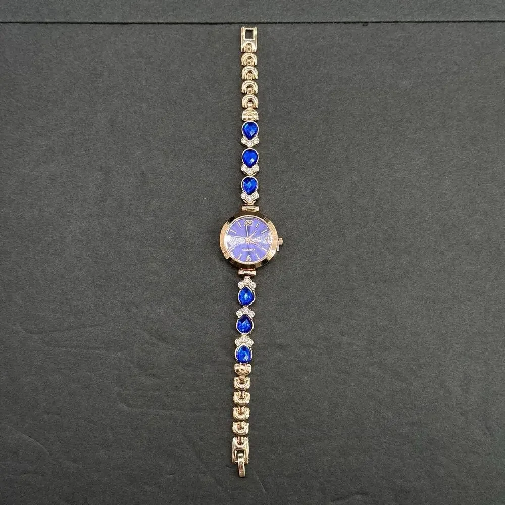 Gold Tone Blue Watch Rhinestone Necklace Hoop Earrings Set 4 Pc Fashion Lot